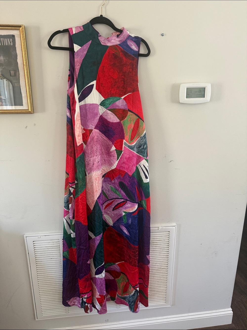 Vintage Abstract Print Maxi Dress in Red, Purple, Green